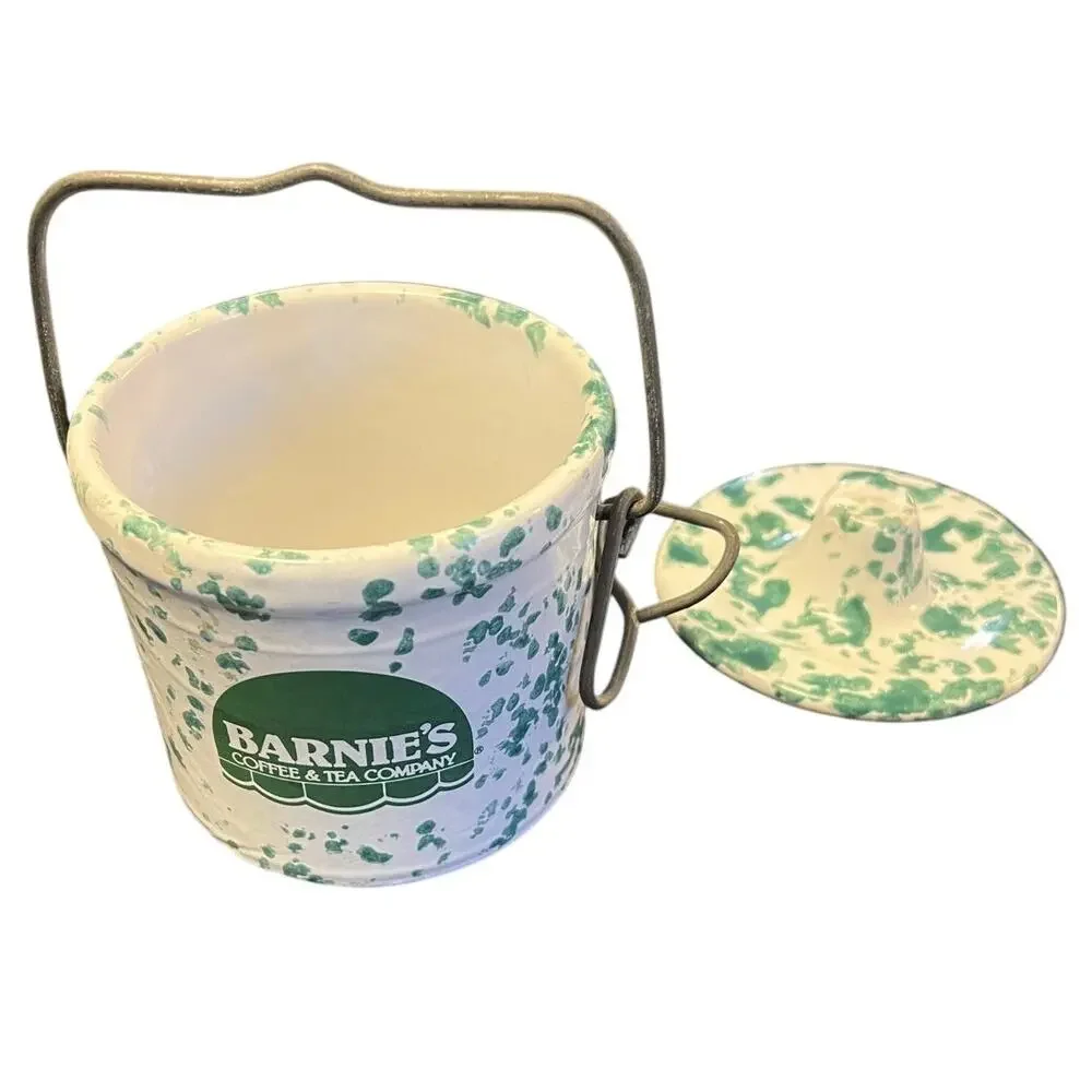 Vintage Barnie's Tea Company Stoneware Green Speckled Wire Bail Latch Cr…